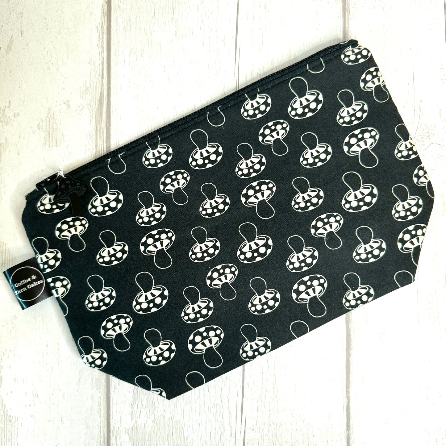 Monochrome Mushies Mushrooms Zipped Project Bag - Small/Sock Size