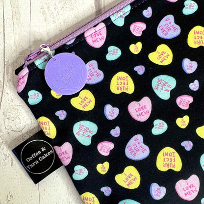 Love Hearts Cats Zipped Project Bag - Small/Sock Size