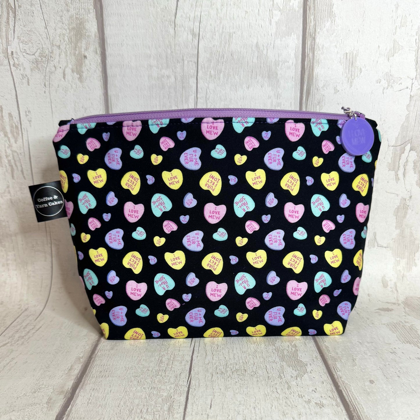 Love Hearts Cats Zipped Project Bag - Small/Sock Size