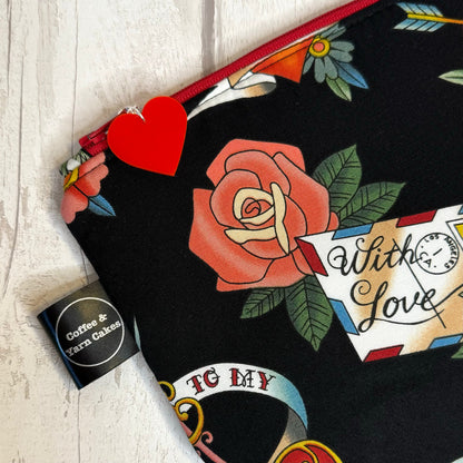 True Love Valentine’s Tattoo Zipped Project Bag - Small/Sock Size